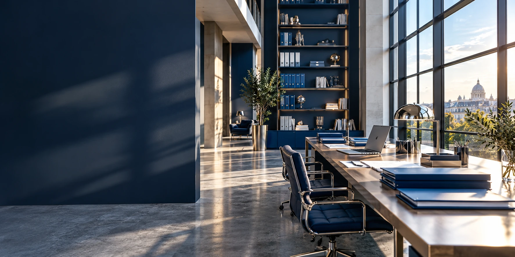 Espace de travail lumineux avec dossiers bleus, bureau et grande baie vitrée